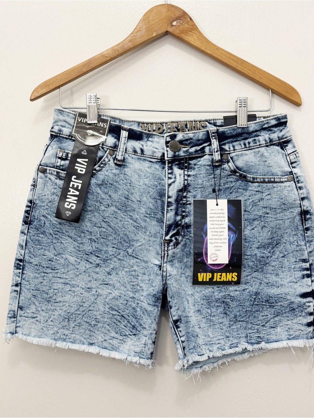 VIP Shorts Blue Acid Wash Denim Frayed Raw Hem Sculpting Stretch Size 9/29